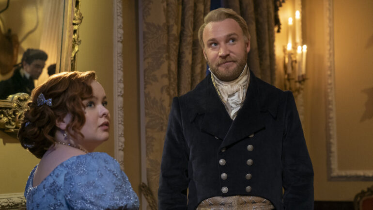 Nicola Coughlan as Penelope Featherington, Sam Phillips as Lord Debling in Season 3 Episode 3 of 'Bridgerton'